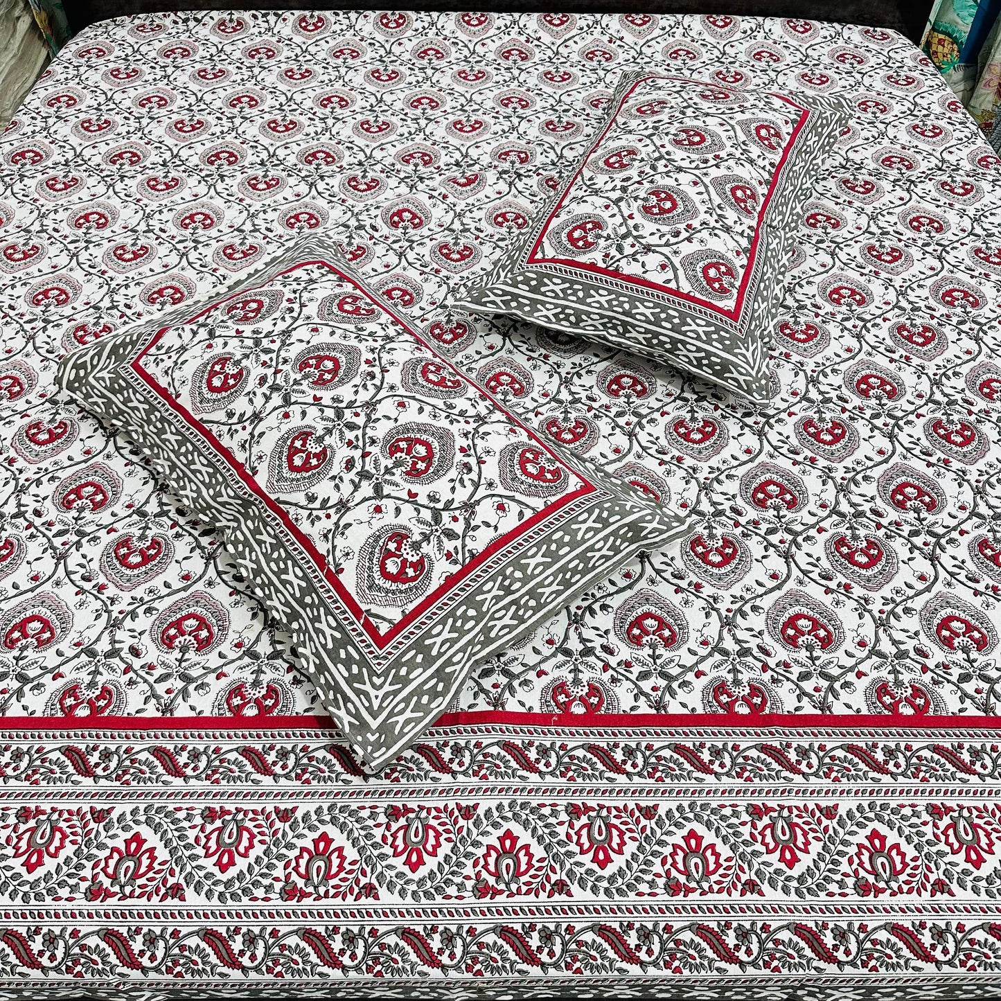 Crimson Charm Handblock Printed Bedsheet