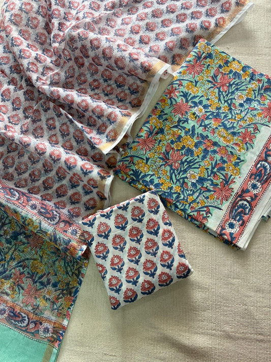 Ruhani -  Handblock Printed Cotton Suit Set with Kota Doriya Dupatta