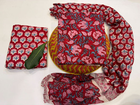 Neelpushp Dream  Handblock Printed Cotton Suit Set with mul mul Dupatta
