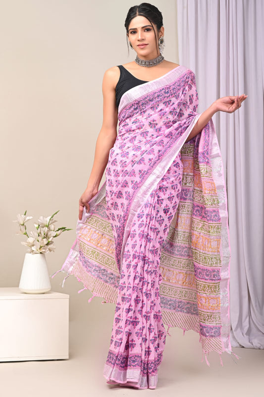 Pure Peony Handblock Printed Linen Saree