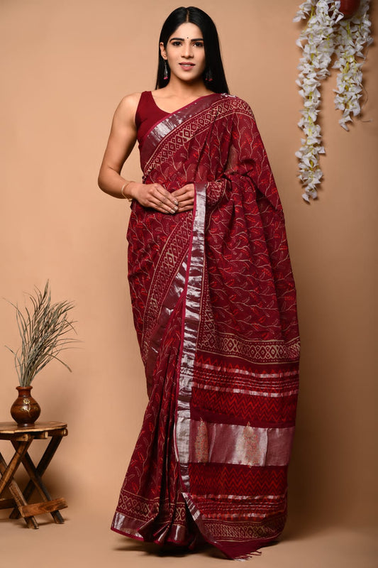 Enchanted Charm Handblock Printed Linen Saree