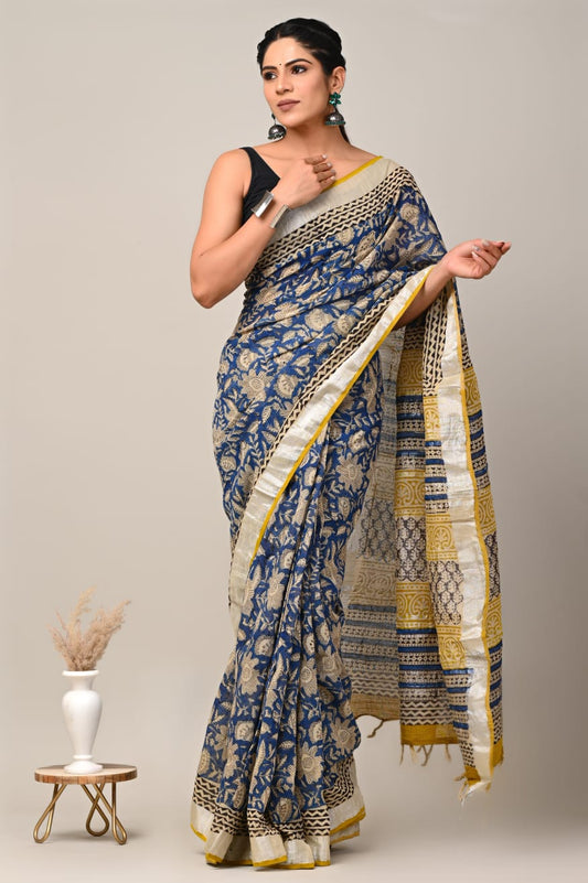 Rainbow Valley Handblock Printed Linen Saree
