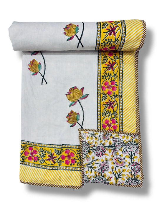 Yellow Lotus - Premium Handblock Printed King Size Dohar
