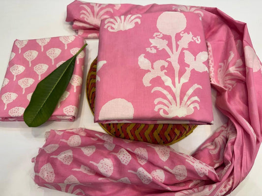 Echo Petals Handblock Printed Cotton Suit Set with mul mul Dupatta