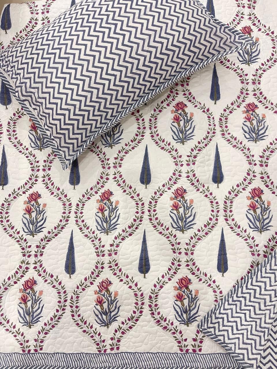 Gulbahar Grace – Handblock Quilted Bedcover Set