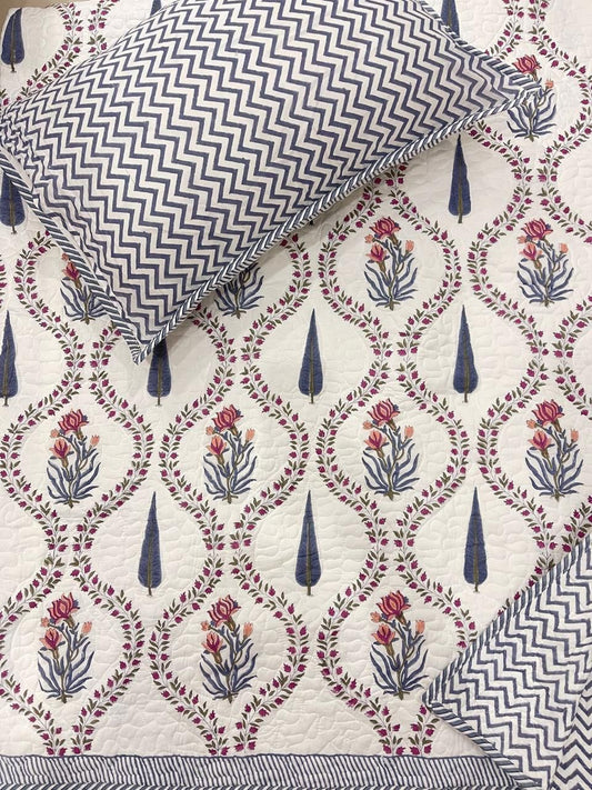 Gulbahar Grace – Handblock Quilted Bedcover Set