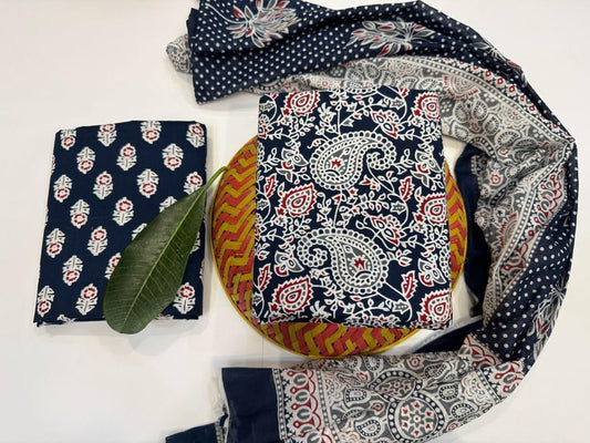 Haseen Hues Handblock Printed Cotton Suit Set with mul mul Dupatta