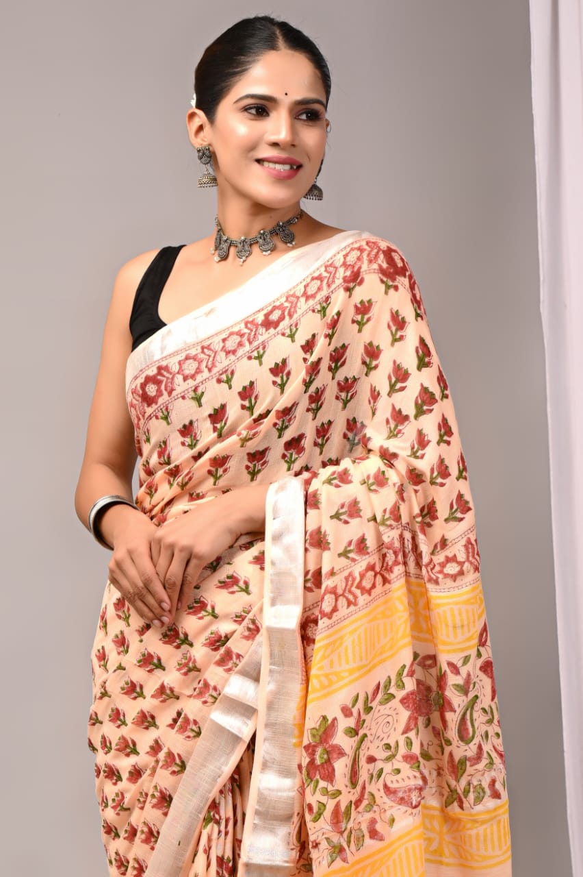 Saffron Glow Handblock Printed Linen Saree