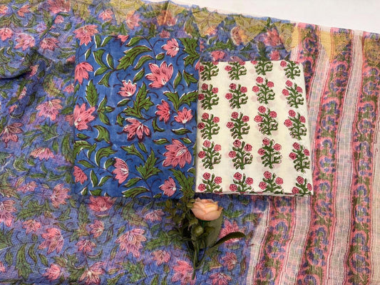 Reshy - Handblock Printed Cotton Suit Set with Kota Doriya Dupatta