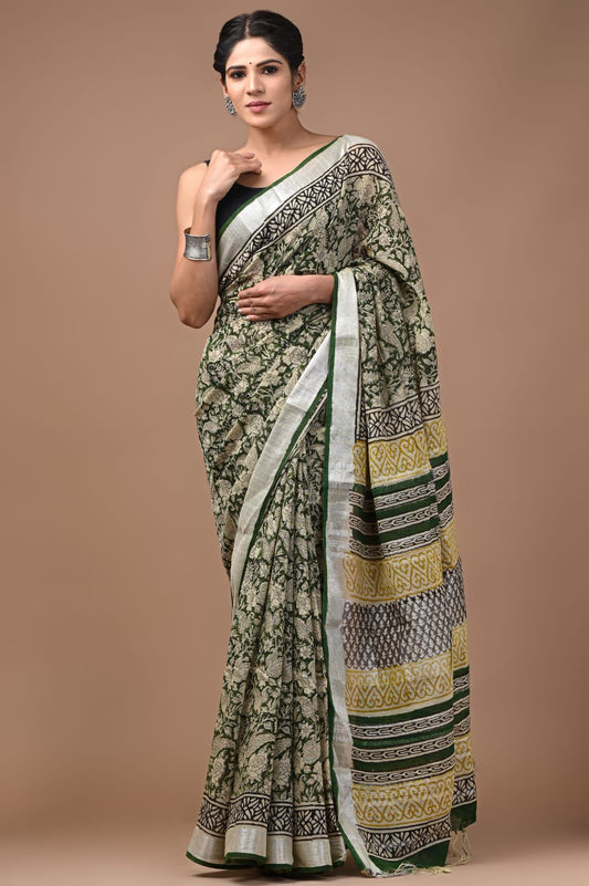 Flame Bloom Handblock Printed Linen Saree