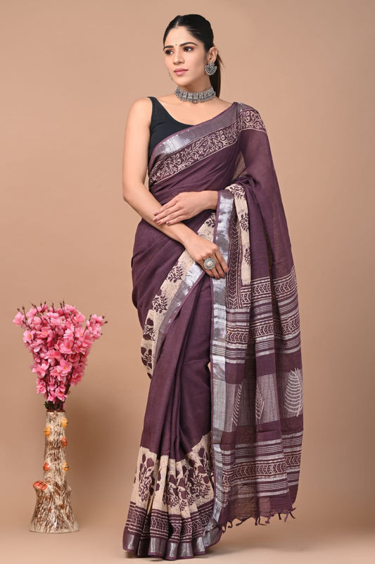 Ruby Star Handblock Printed Linen Saree