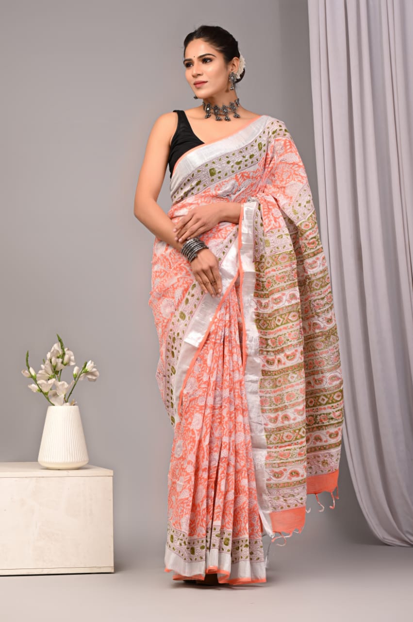 Coral Ray Handblock Printed Linen Saree