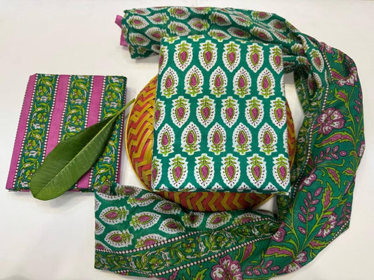 Surili Strokes Handblock Printed Cotton Suit Set with mul mul Dupatta