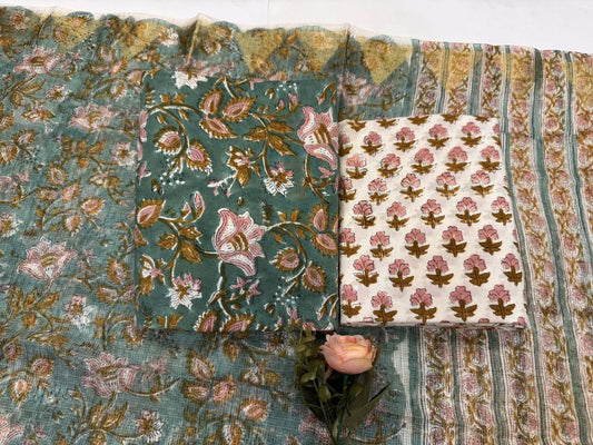 Fery - Handblock Printed Cotton Suit Set with Kota Doriya Dupatta