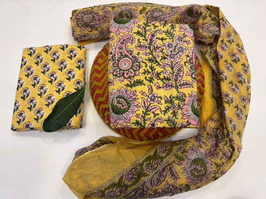 Mogra Mornings Handblock Printed Cotton Suit Set with mul mul Dupatta