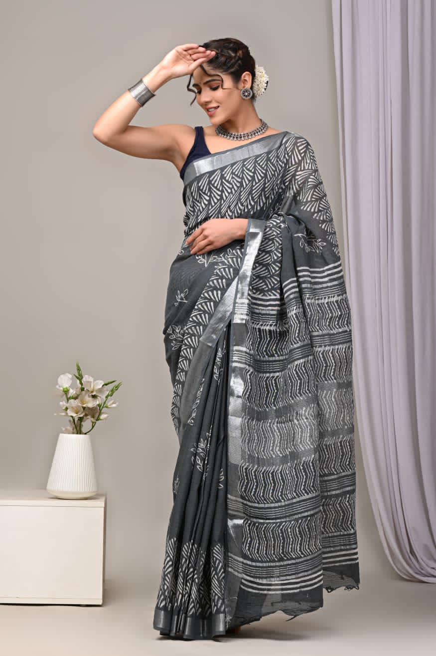 Enchanted Songbird Handblock Printed Linen Saree