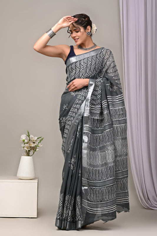Enchanted Songbird Handblock Printed Linen Saree