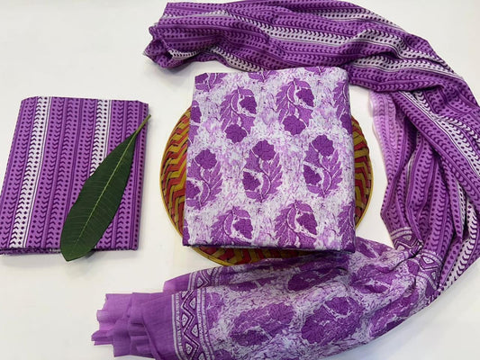 Lotus Trail  Handblock Printed Cotton Suit Set with mul mul Dupatta