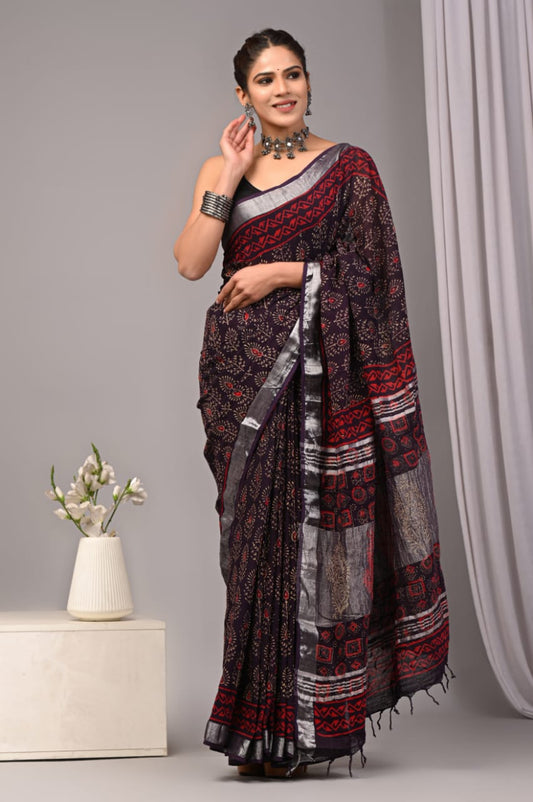 Magnolia Whisper Handblock Printed Linen Saree