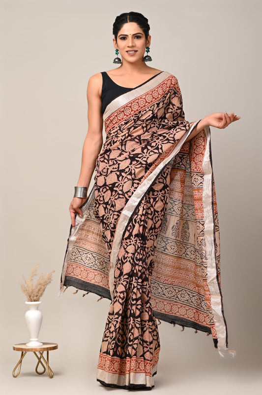 Whispering Elegance Handblock Printed Linen Saree