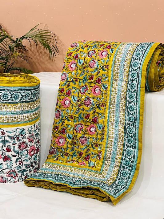 Flory Razai - Handblock Printed King Size Quilt Razai