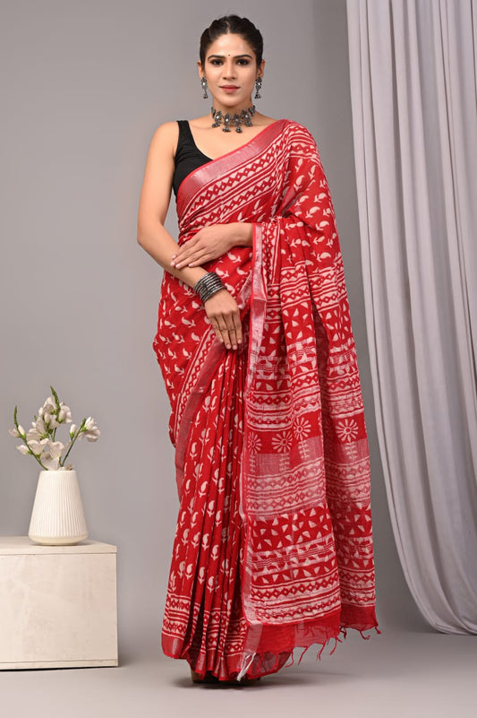 Garnet Trail Handblock Printed Linen Saree