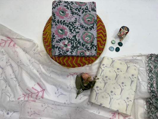 Reyza Raag – Handblock Printed Cotton Suit Set with Chiffon Dupatta
