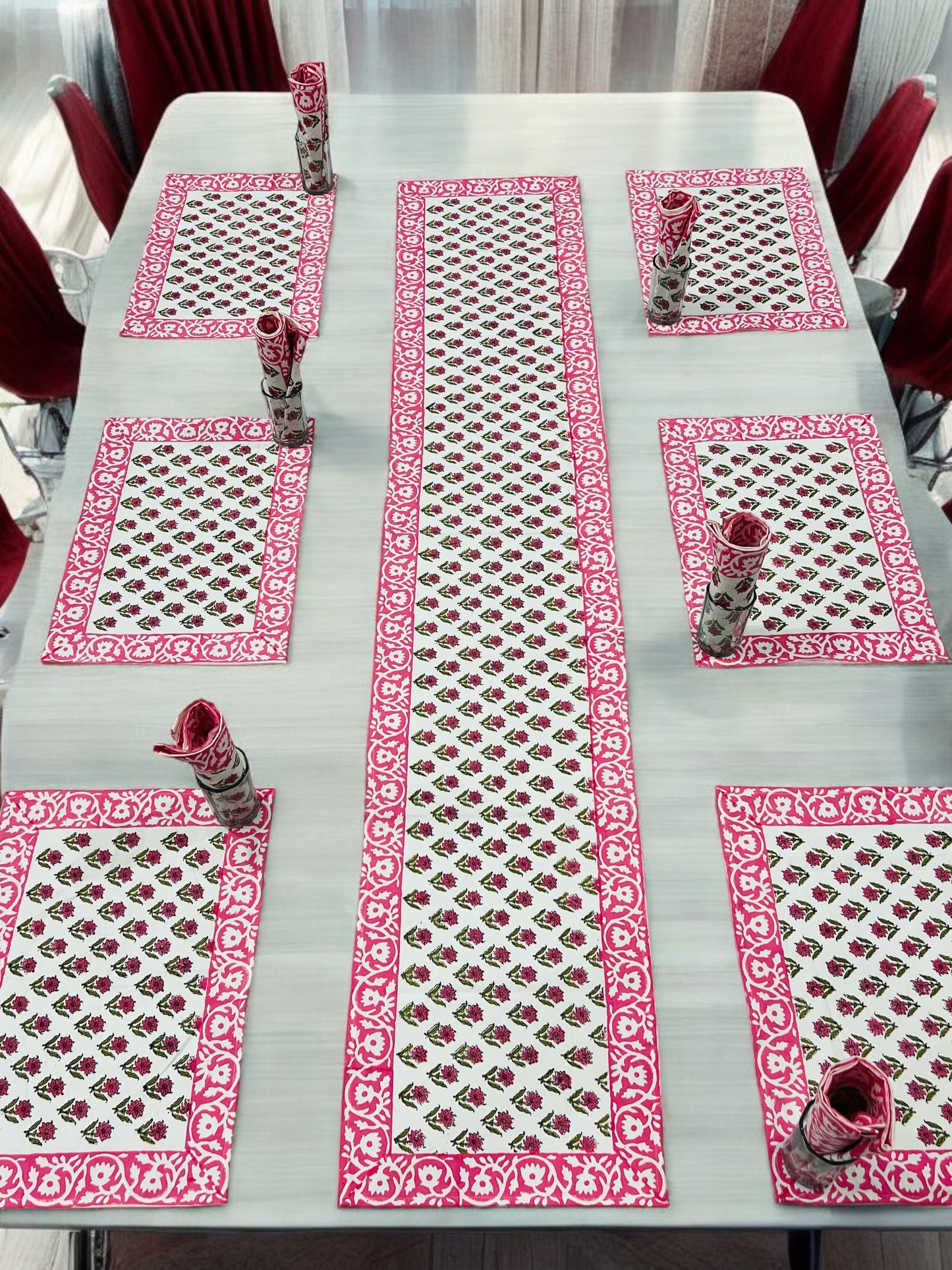 Phoolwari Flow – Handblock Printed 6-Seater Dining Table Set