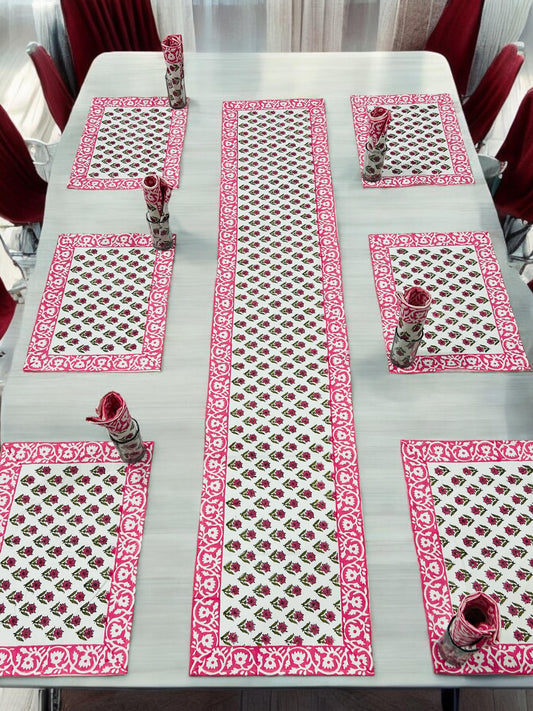 Phoolwari Flow – Handblock Printed 6-Seater Dining Table Set