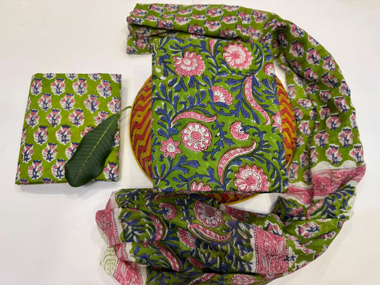 Saugandh suit studio – Handblock Printed Cotton Suit Set with Mulmul Dupatta