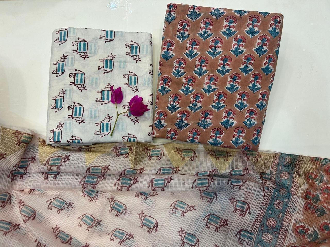 Pehraava – Handblock Printed Cotton Suit Set with Kota Doriya Dupatta