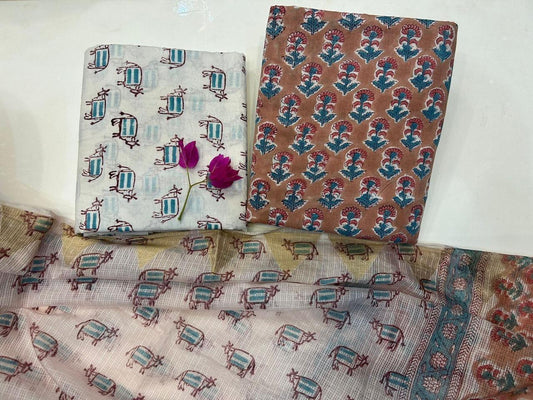 Pehraava – Handblock Printed Cotton Suit Set with Kota Doriya Dupatta
