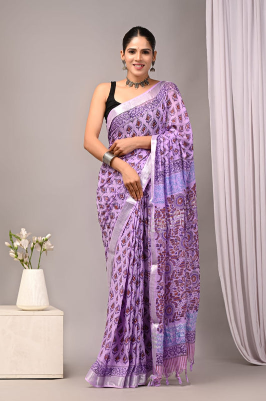 Aurora Song Handblock Printed Linen Saree
