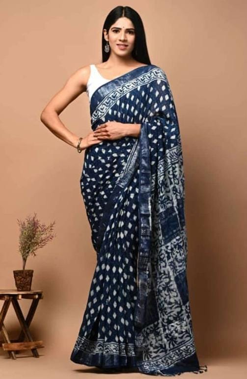 Blossom Essence Handblock Printed Linen Saree