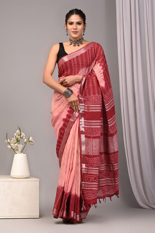 Mystical Cloud Handblock Printed Linen Saree