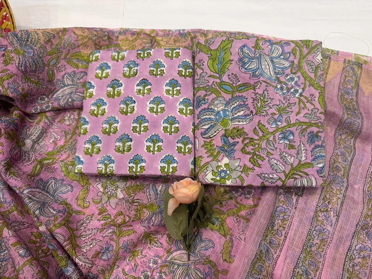 Parina - Handblock Printed Cotton Suit Set with Kota Doriya Dupatta