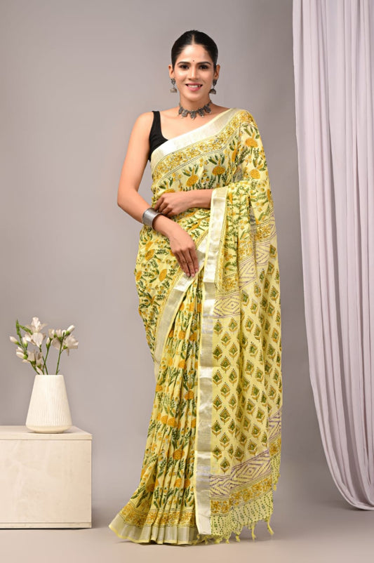 Saffron Wonder Handblock Printed Linen Saree