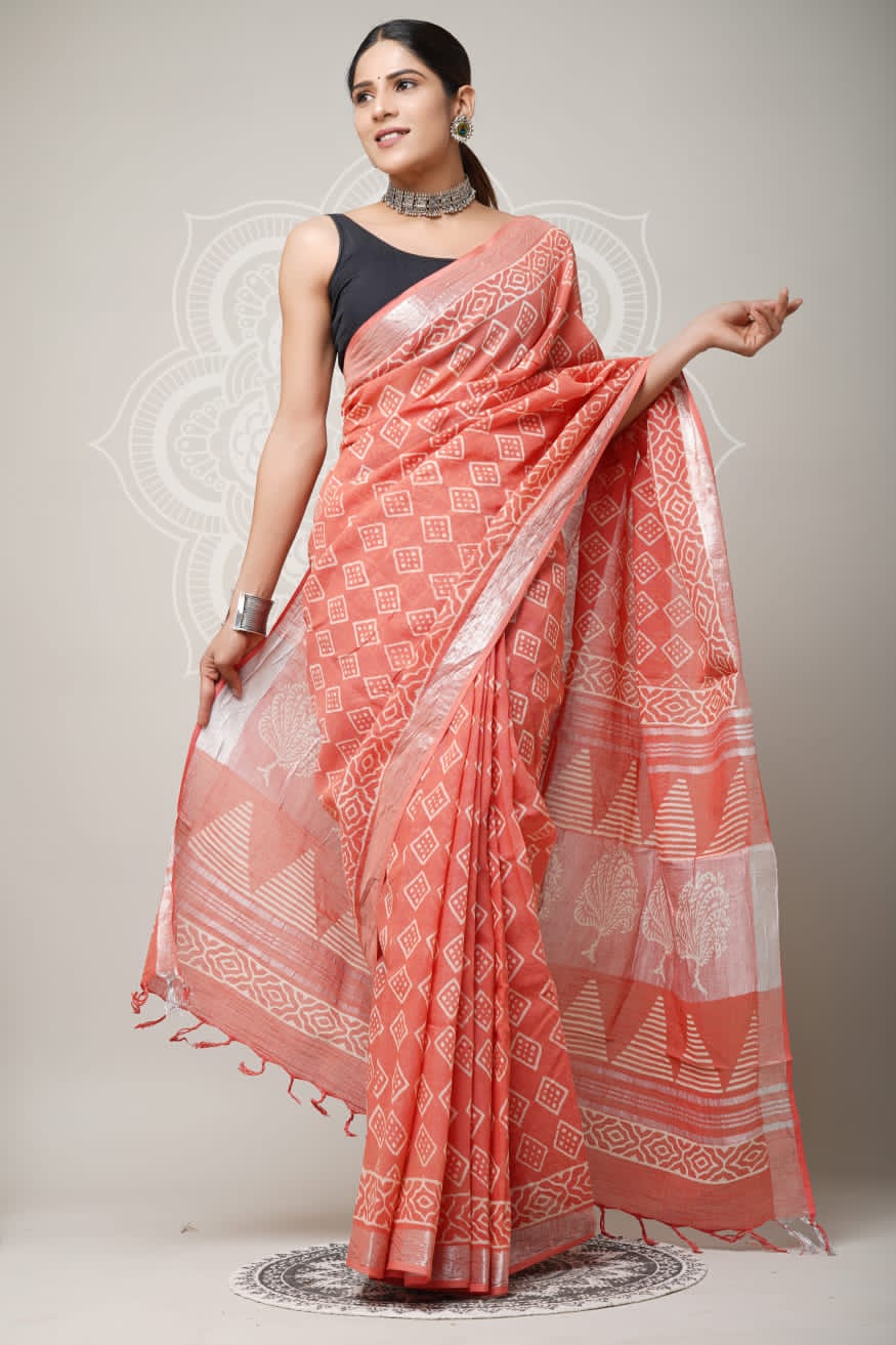 Vanika Weave – Handblock Printed Linen Saree