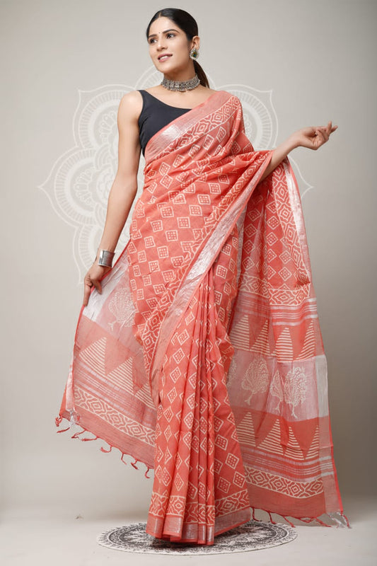 Vanika Weave – Handblock Printed Linen Saree