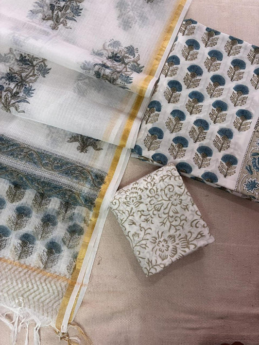 Keru - Handblock Printed Cotton Suit Set with Kota Doriya Dupatta