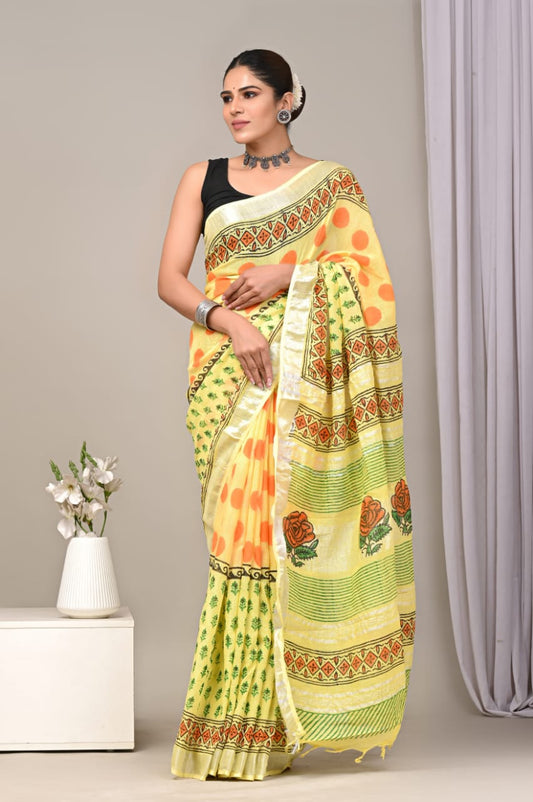 Amber Petal Handblock Printed Linen Saree