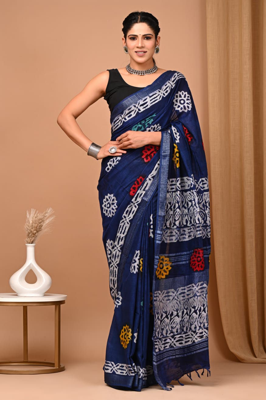 Ocean Embrace Handblock Printed Linen Saree