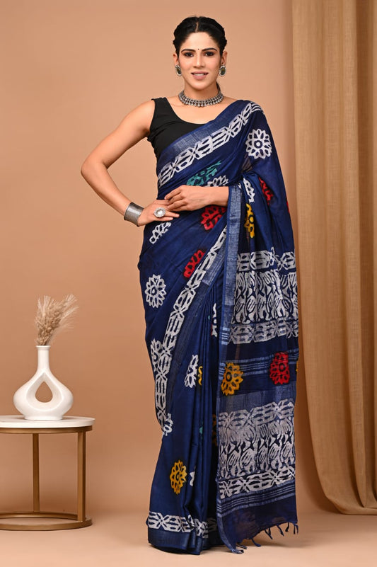 Ocean Embrace Handblock Printed Linen Saree