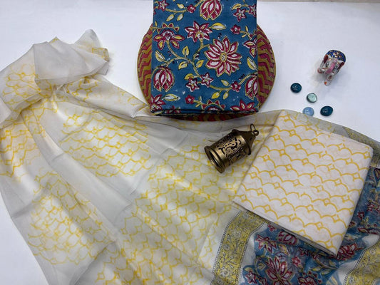 Zaria Zephyr – Handblock Printed Cotton Suit Set with Chiffon Dupatta