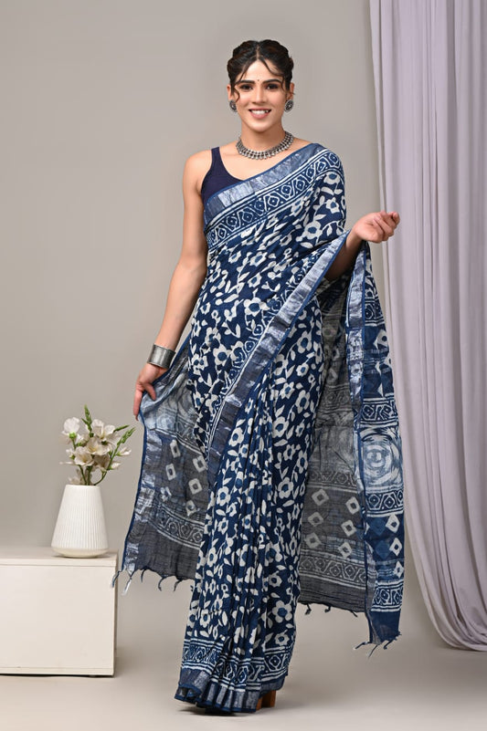 Peacock Pearl Handblock Printed Linen Saree