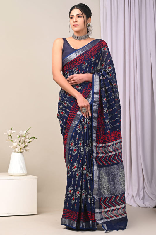 Scarlet Orchid Handblock Printed Linen Saree