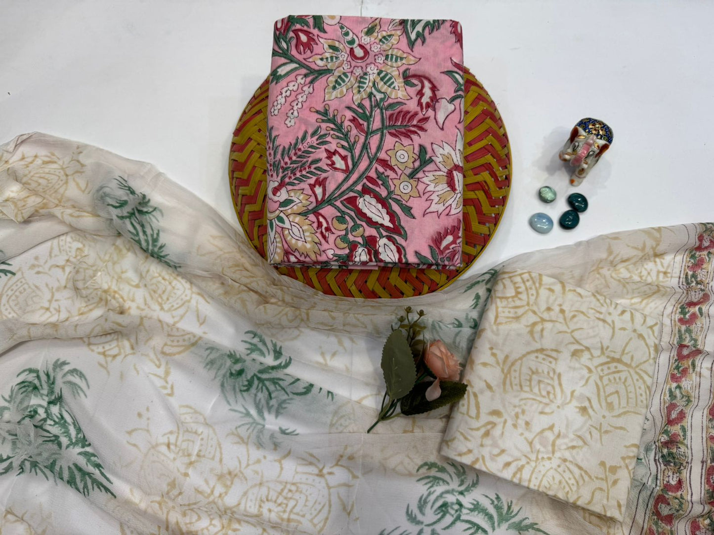 Saiba Serenity – Handblock Printed Cotton Suit Set with Chiffon Dupatta