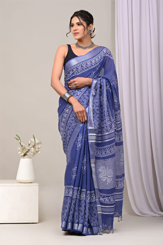 Twilight Gem Handblock Printed Linen Saree
