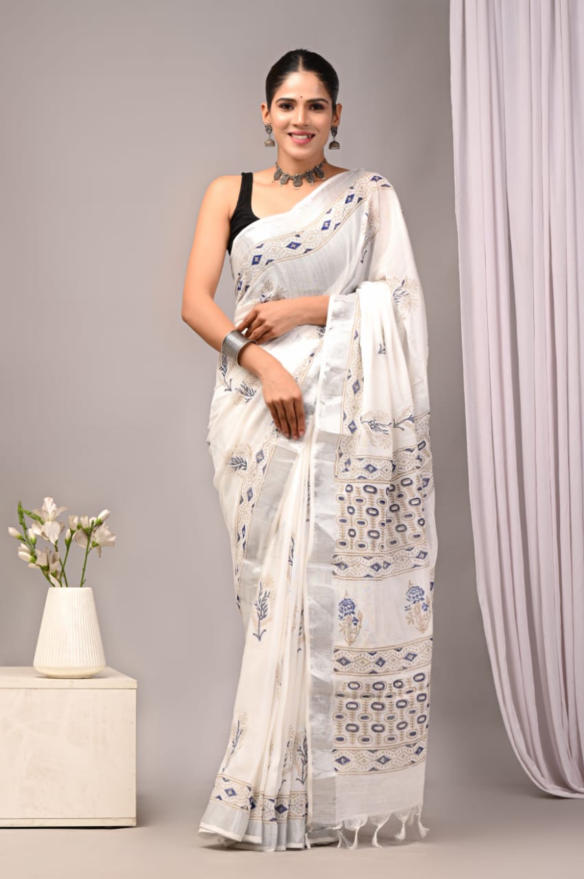 Emerald Pearl Handblock Printed Linen Saree