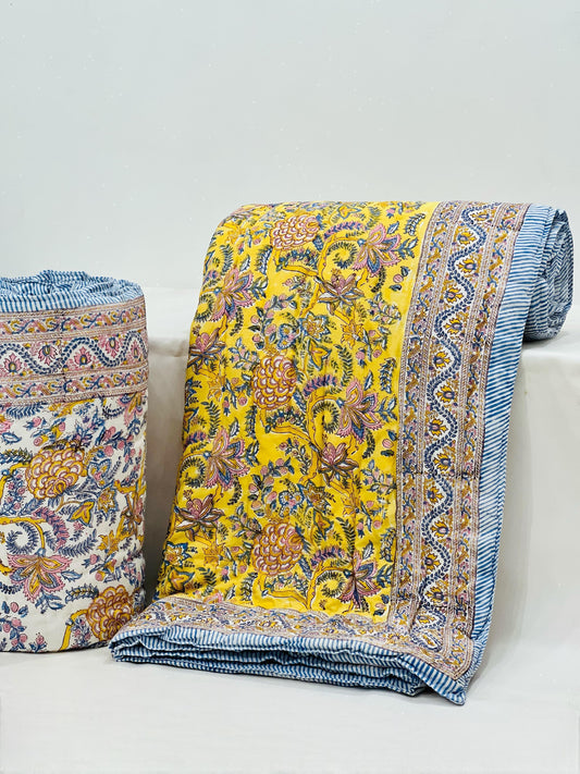 Yellom - Handblock Printed King Size Quilt Razai